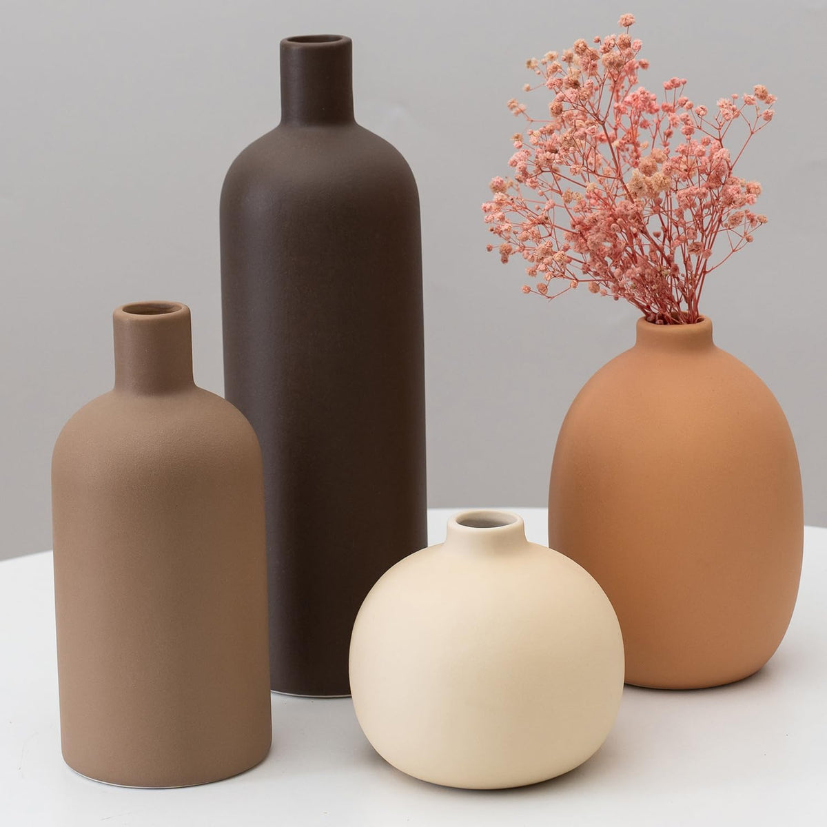 Neutral Ceramic Vase Set of 4, Modern Colors Home Decor, Rustic Farmhouse Decorative Flowers Vases for Bouquet, Pampas | Table Mantel Centerpiece Bookshelf Living Room Bedroom (Neutral Mix Set of 4)