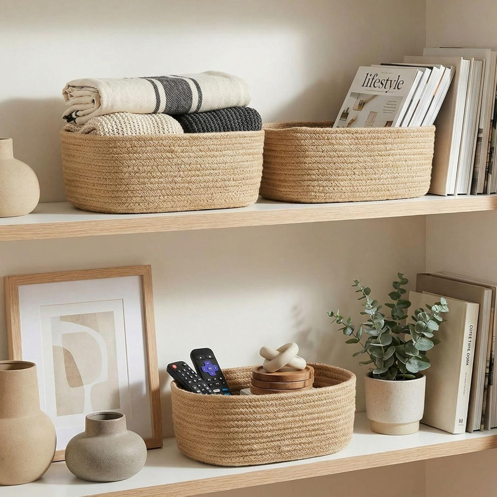 Beautiful Storage Basket Set of 3 - Sturdy Jute Rope Baskets for Shelves