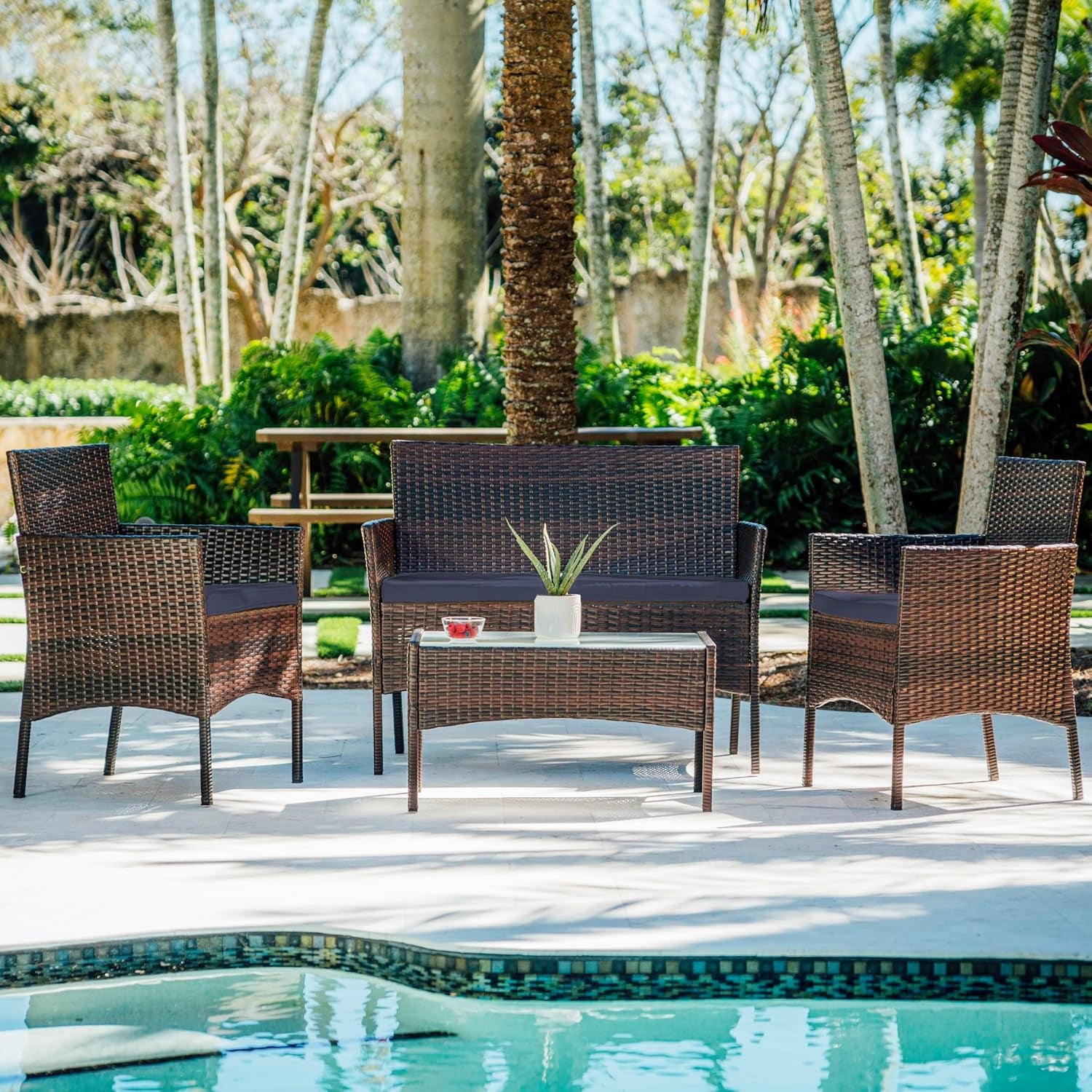 Wicker Patio Furniture - 4 Piece Set with 2 Chairs, Loveseat, Glass Top Coffee Table, Outdoor Furniture for Backyard, Pool or Porch (Brown/Navy)