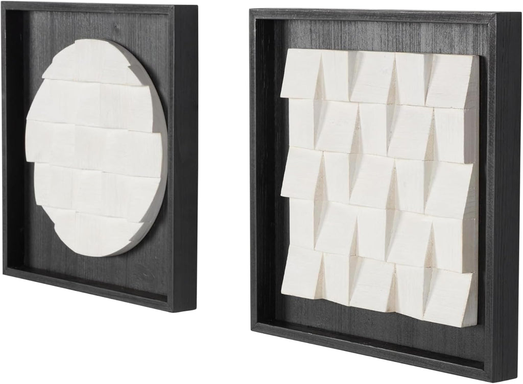 Deco 79 Wood Geometric Home Wall Decor 3D Cube Grid Wall Sculpture with Black Frames, Set of 2 Wall Art 16" W, 16" H, White