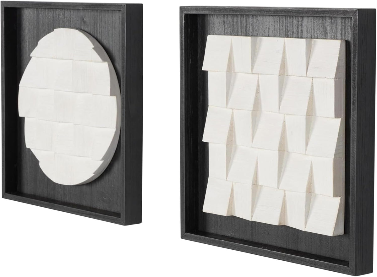 Deco 79 Wood Geometric Home Wall Decor 3D Cube Grid Wall Sculpture with Black Frames, Set of 2 Wall Art 16" W, 16" H, White