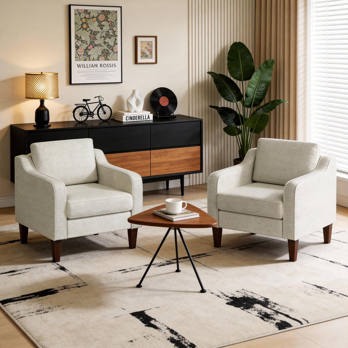 Beige Upholstered Accent Chair with Wood Legs