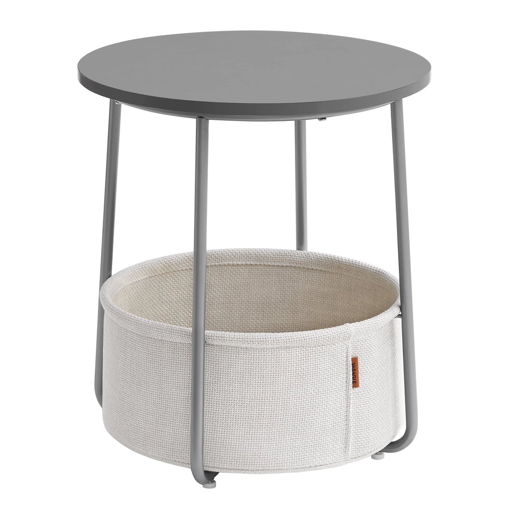 Round Storage Side Table with Fabric Basket, Gray & Cream