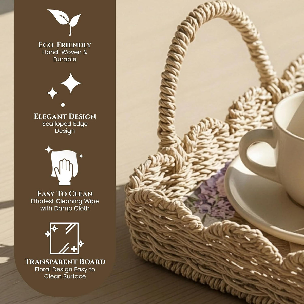 Scalloped Rattan Serving Tray with Removable Floral Transparent Board – Natural Rattan Decorative Wicker Tray with Foldable Handles & Scalloped Edge – Wicker Woven Tray for Coffee Table, Dining