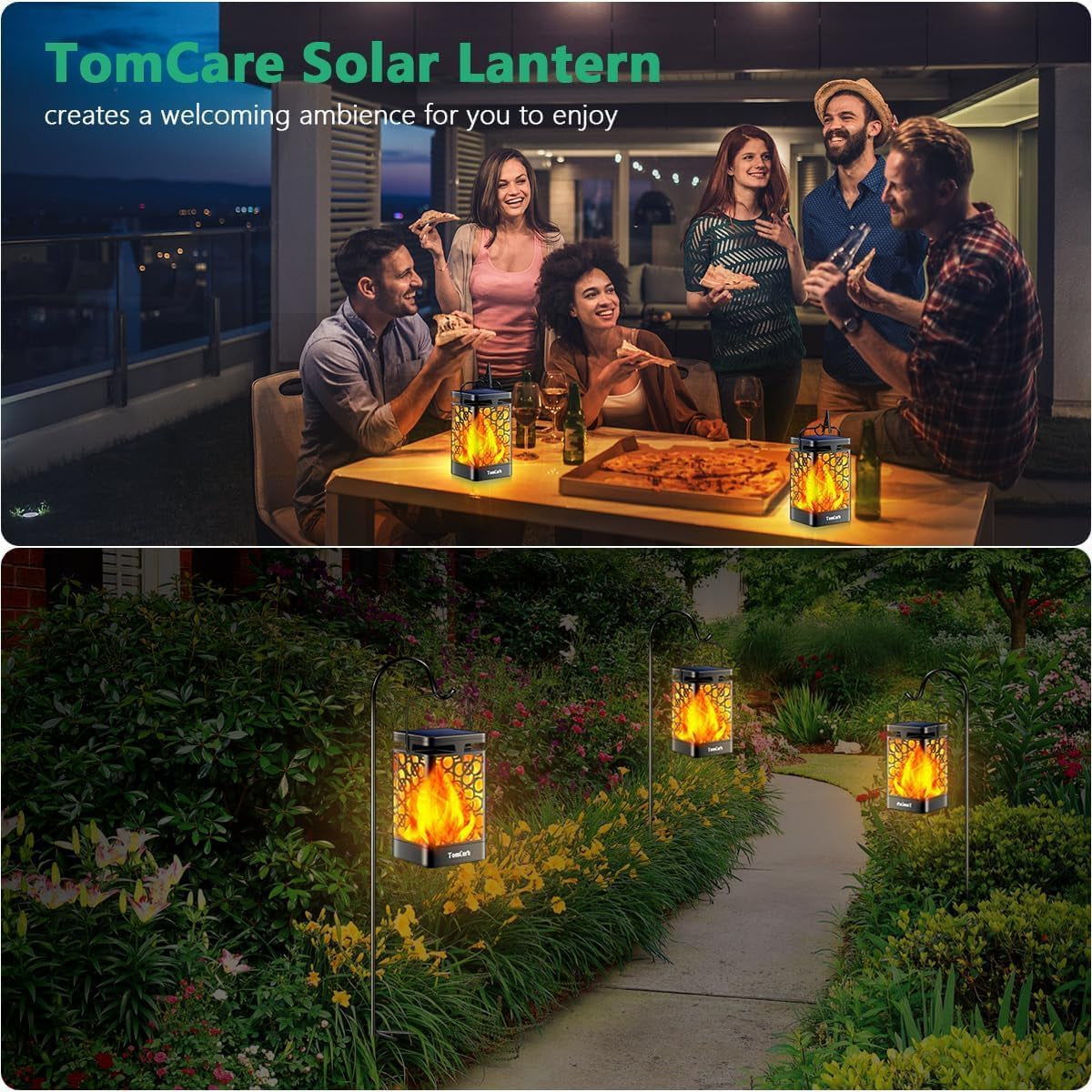 2-Pack Solar Flickering Flame Lanterns, IP65 Waterproof