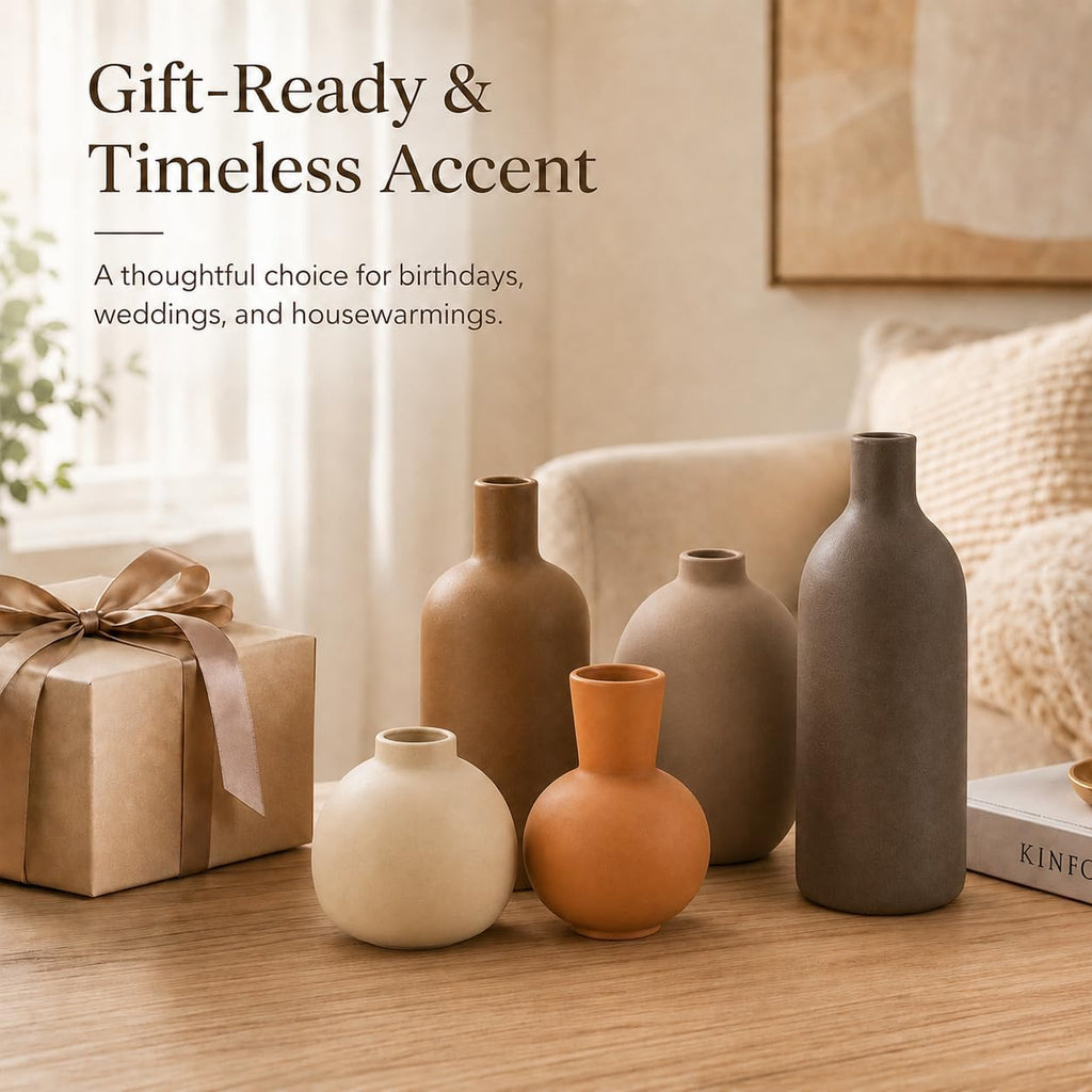 Neutral Ceramic Vase Set – 5 Matte Earth-Tone Vases for Japandi, Scandinavian, or Minimalist Home Decor, Table, Entryway, Shelf & Mantel Styling