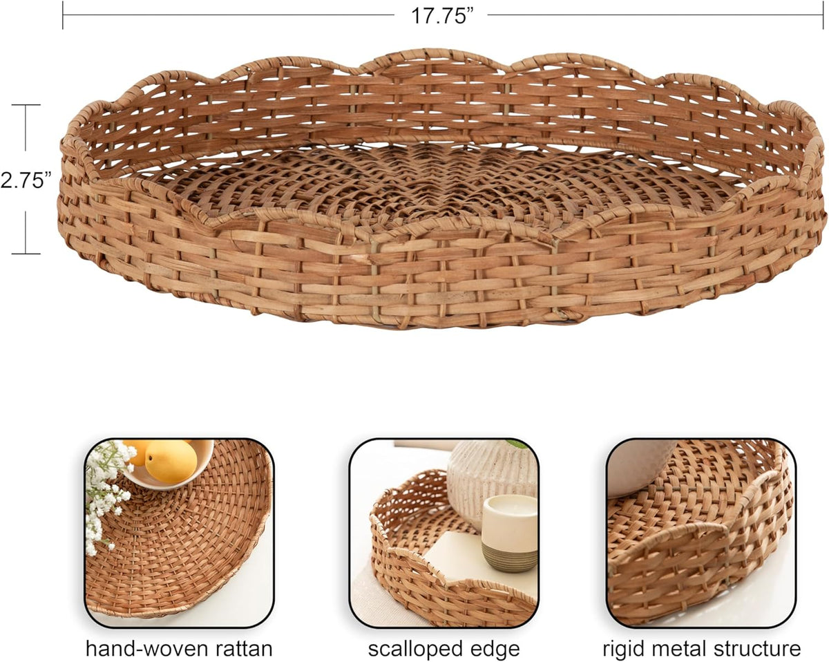 Wavley Modern round Scalloped Woven Rattan Tray, 18 Inch Diameter, Natural Rattan, Decorative Wavy Boho Tray for Use as Versatile Ottoman Tray or Serving Platter