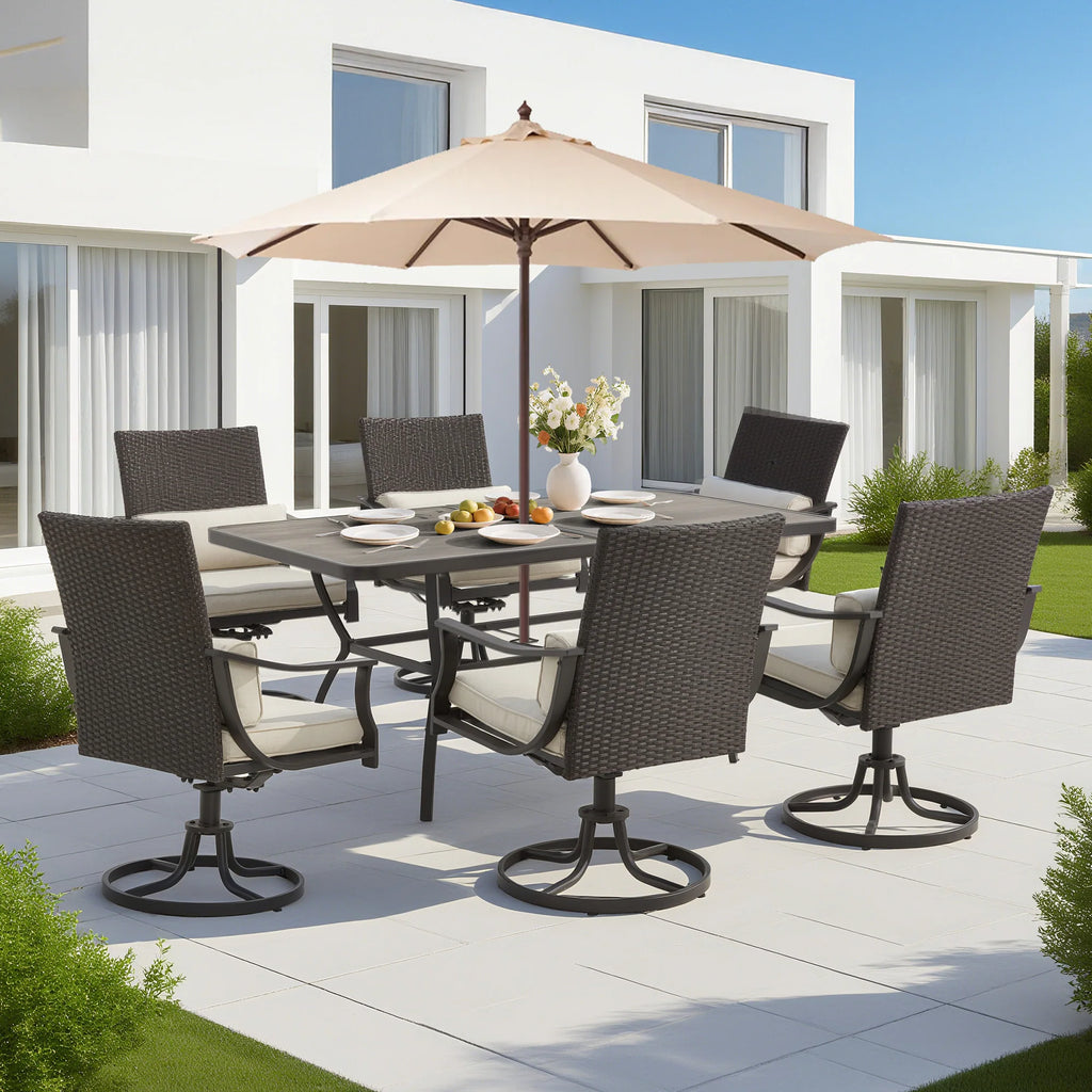 Outdoor Patio Dining Set with Swivel Chairs, Dining Table with Umbrella Hole, Metal Patio Furniture for Backyard Deck Patio