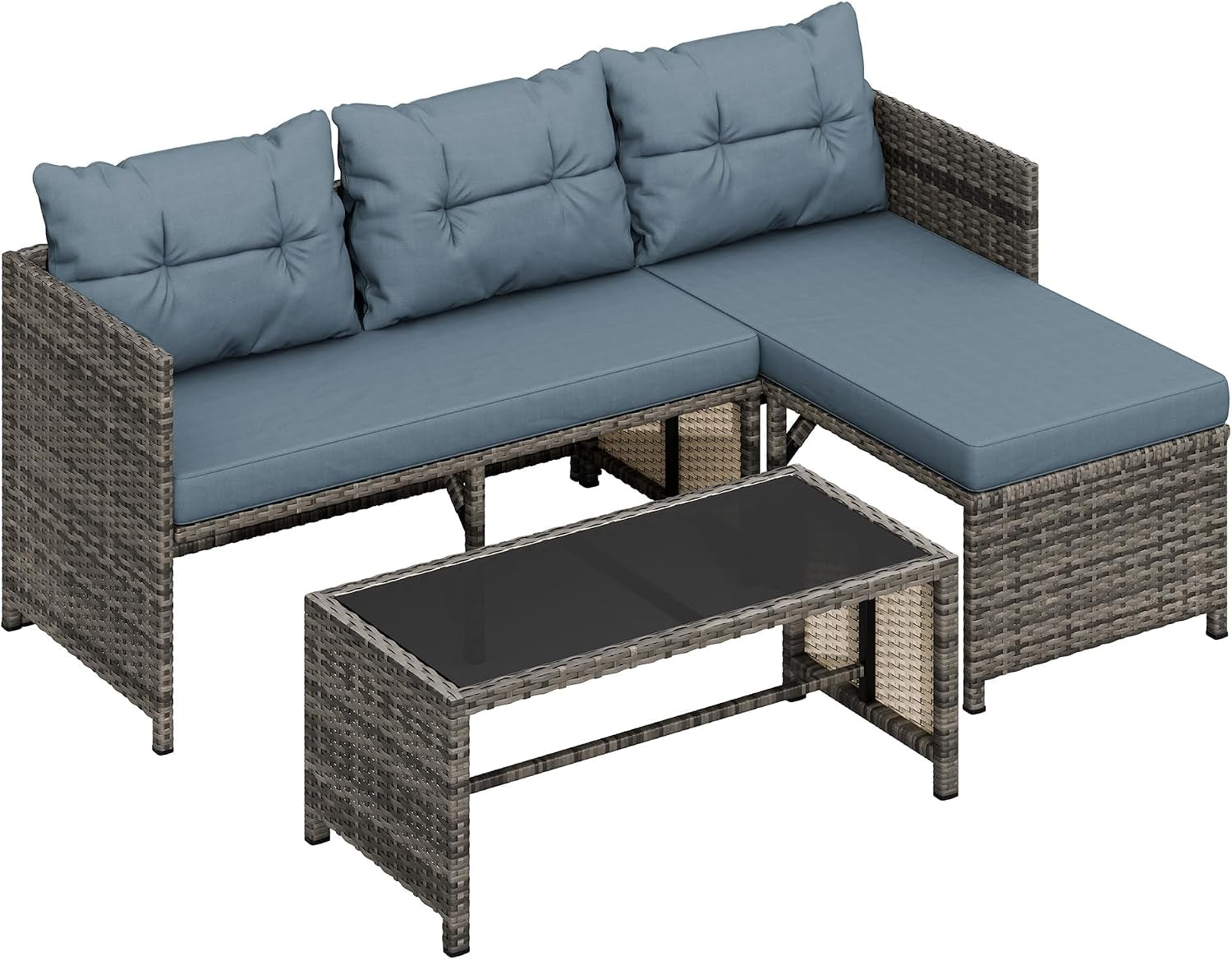3 Pieces Outdoor Patio Furniture Sets, Wicker Patio Conversation Sets, All Weather Wicker Rattan Patio Seating Sofas with Glass Coffee Table and Cushion, Blue-Gray