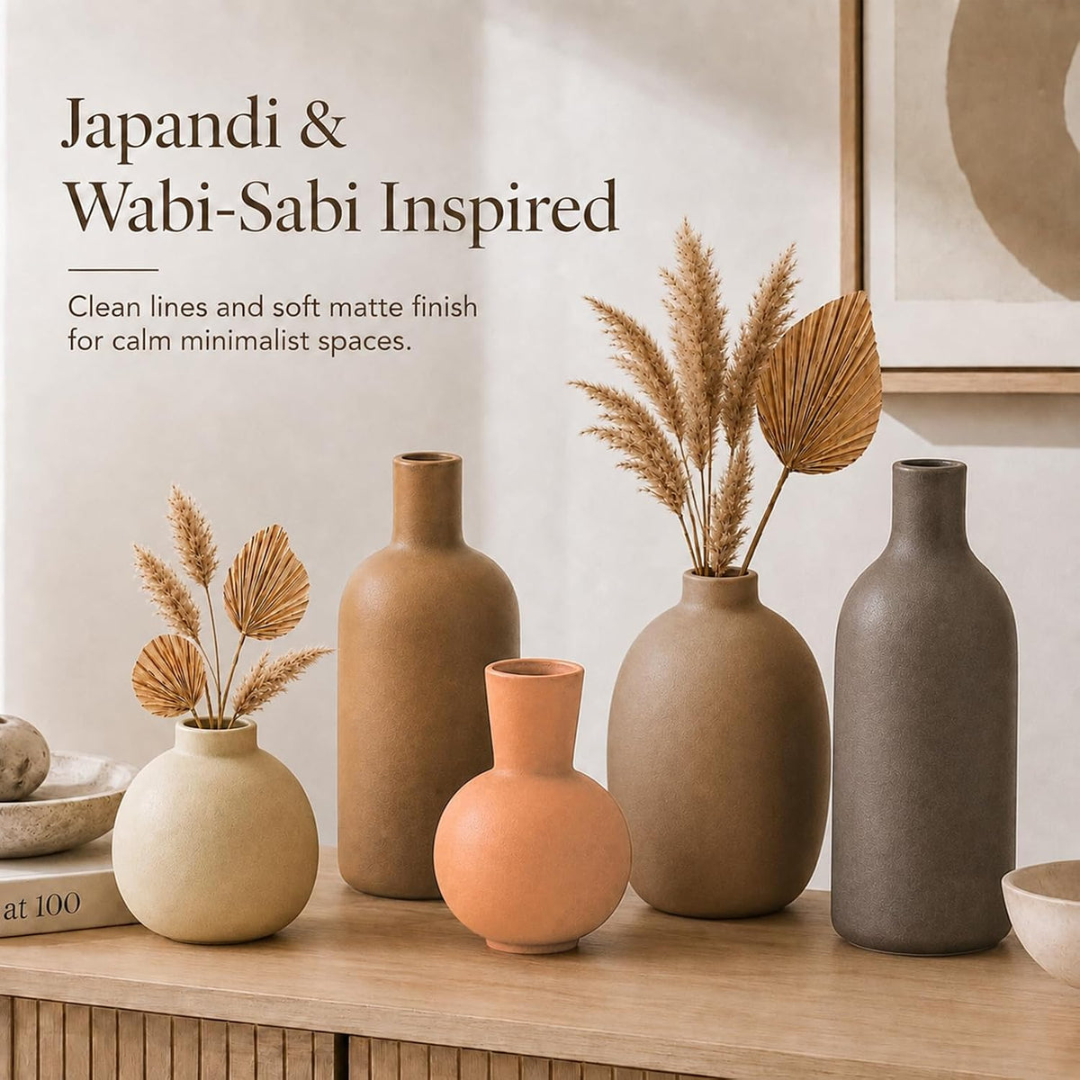 Neutral Ceramic Vase Set – 5 Matte Earth-Tone Vases for Japandi, Scandinavian, or Minimalist Home Decor, Table, Entryway, Shelf & Mantel Styling