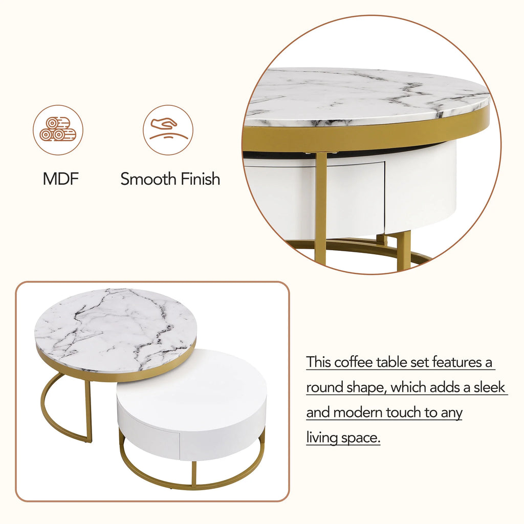 White & Gold Nesting Coffee Tables with Drawers, Set of 2