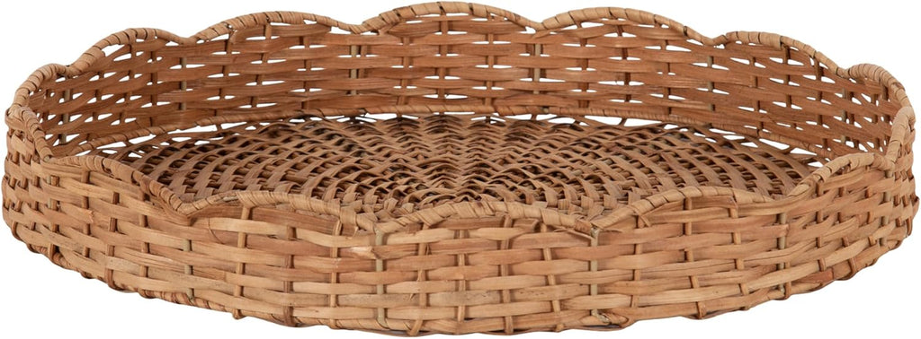 Wavley Modern round Scalloped Woven Rattan Tray, 18 Inch Diameter, Natural Rattan, Decorative Wavy Boho Tray for Use as Versatile Ottoman Tray or Serving Platter