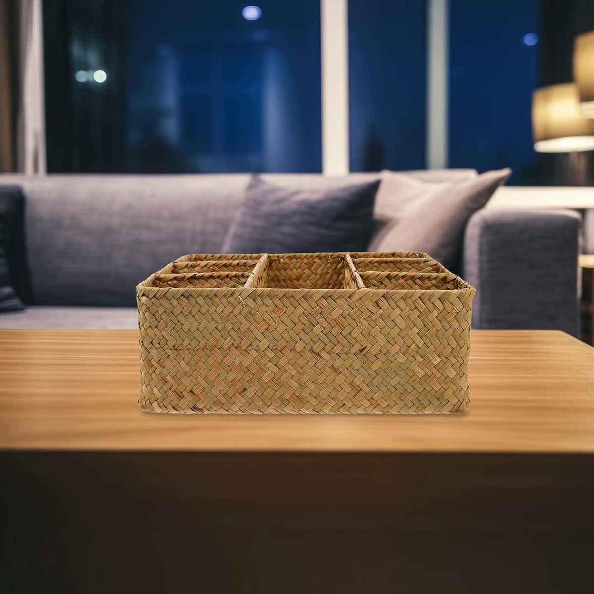 Woven Storage Box with Dividers 10.82 X 10.70 X 3.93 in Organizer Storage Box for Kitchen Utensils Desktop Sundries Home Basket for Countertop Cabinet Drawer