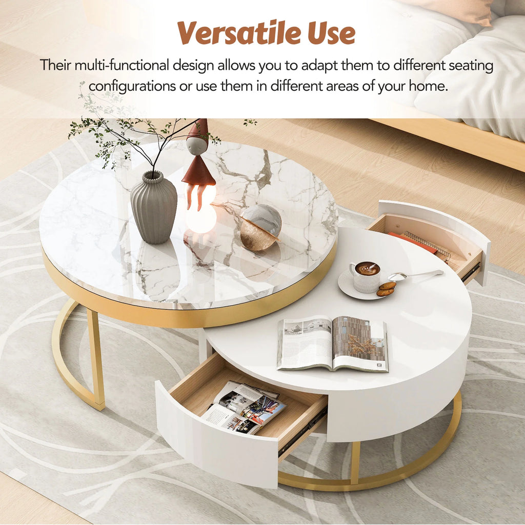 White & Gold Nesting Coffee Tables with Drawers, Set of 2