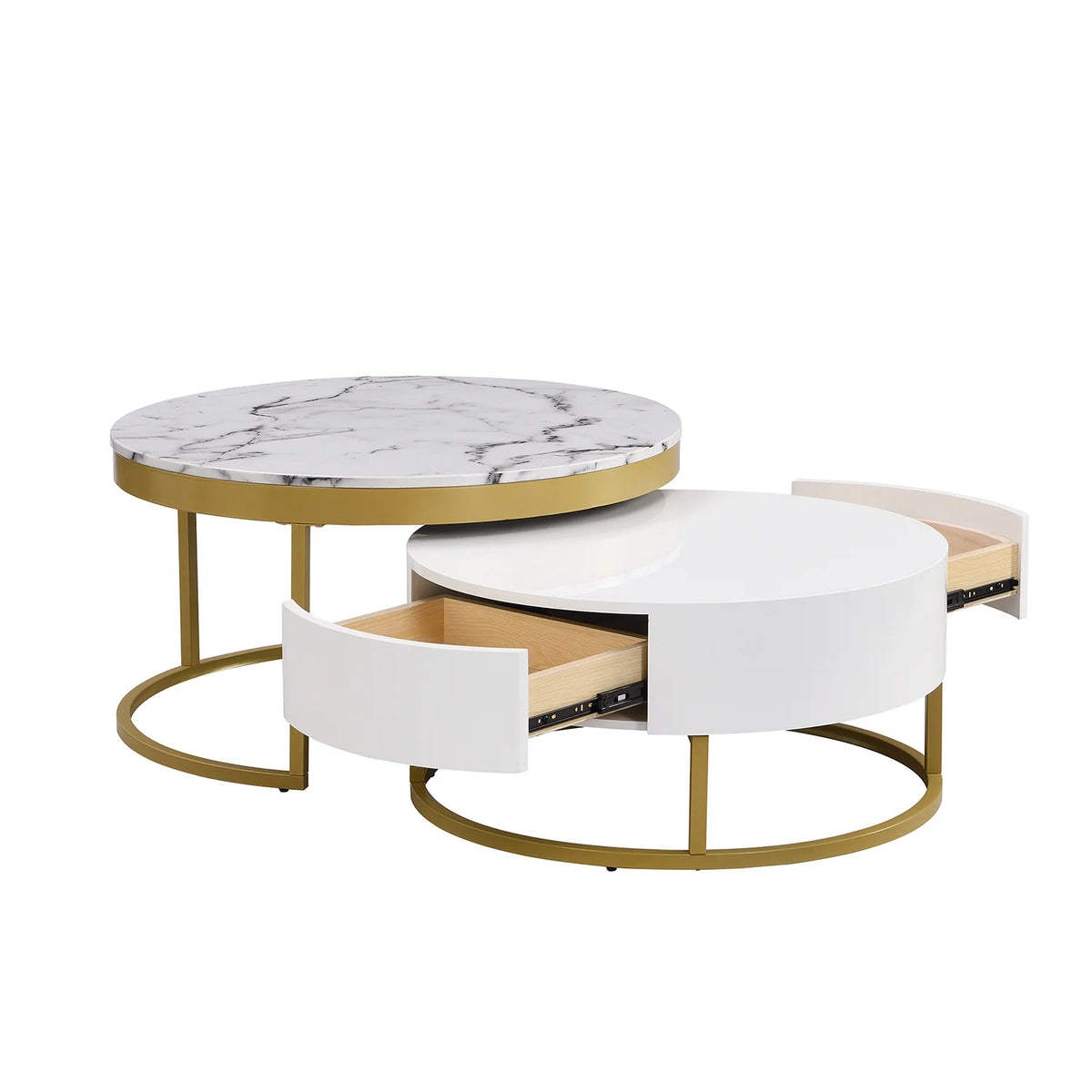 White & Gold Nesting Coffee Tables with Drawers, Set of 2