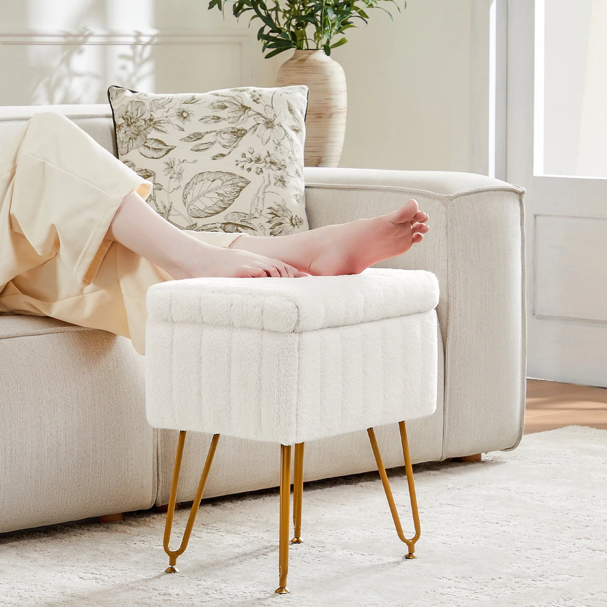 Faux Fur Vanity Stool with Storage and Adjustable Feet