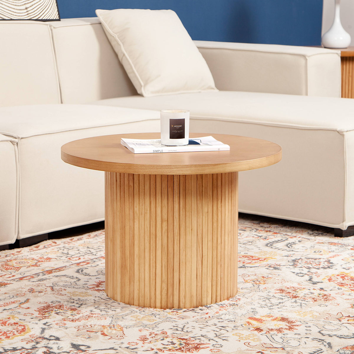 Natural Oak Fluted Pedestal Coffee Table, 23.6-Inch