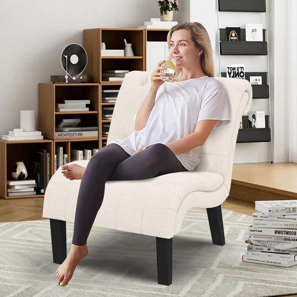 Ivory Tufted Linen Lounge Chair