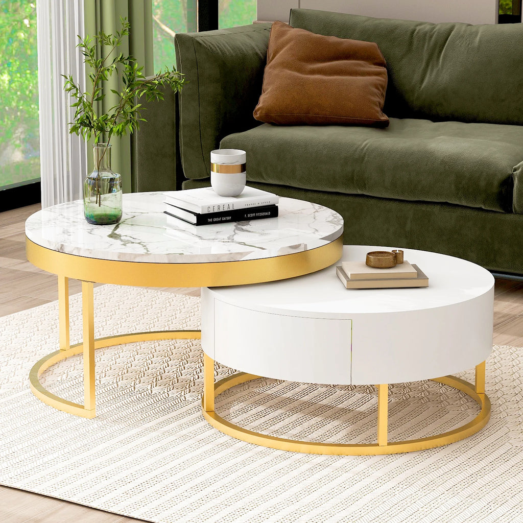 White & Gold Nesting Coffee Tables with Drawers, Set of 2