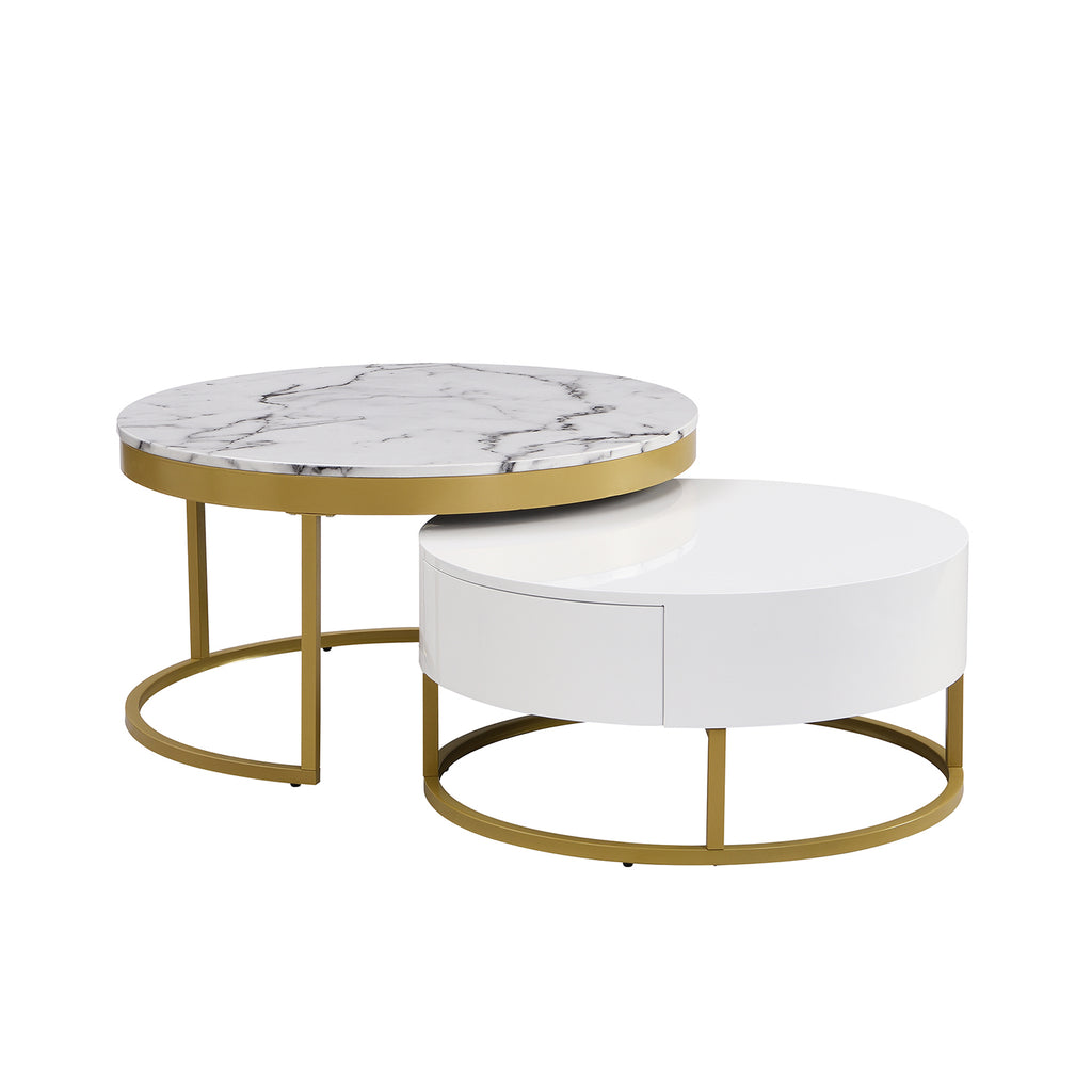 White & Gold Nesting Coffee Tables with Drawers, Set of 2