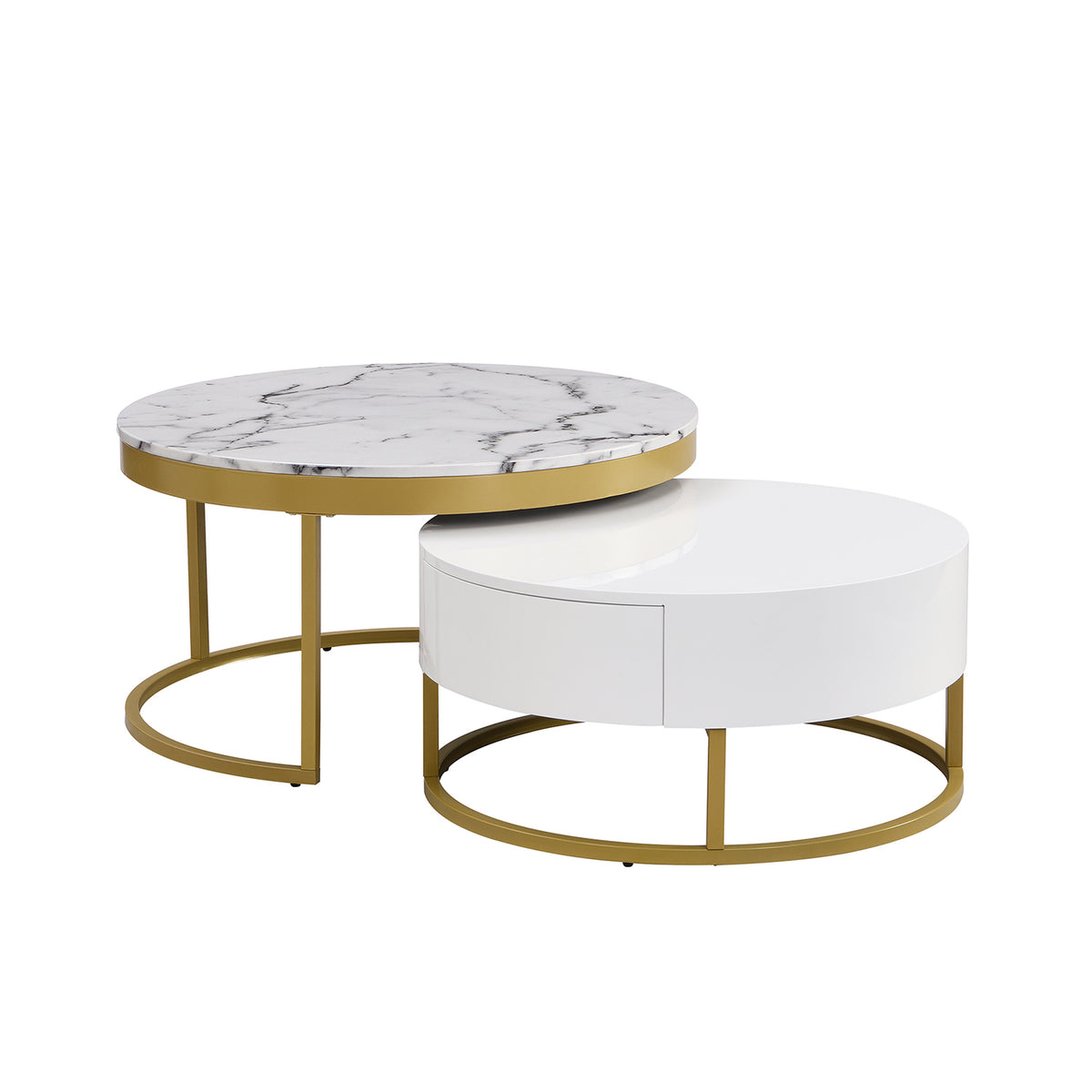 White & Gold Nesting Coffee Tables with Drawers, Set of 2
