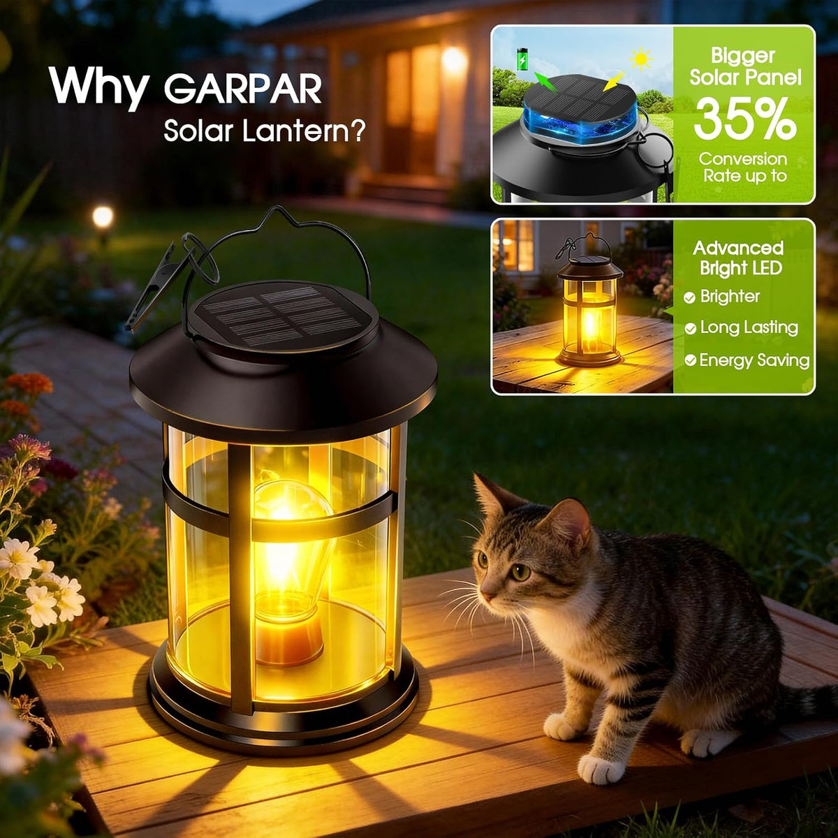 Classic Hanging Solar Lantern with Wall-Mount Hook