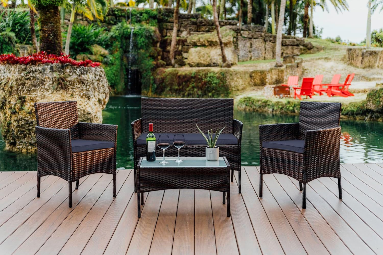 Wicker Patio Furniture - 4 Piece Set with 2 Chairs, Loveseat, Glass Top Coffee Table, Outdoor Furniture for Backyard, Pool or Porch (Brown/Navy)