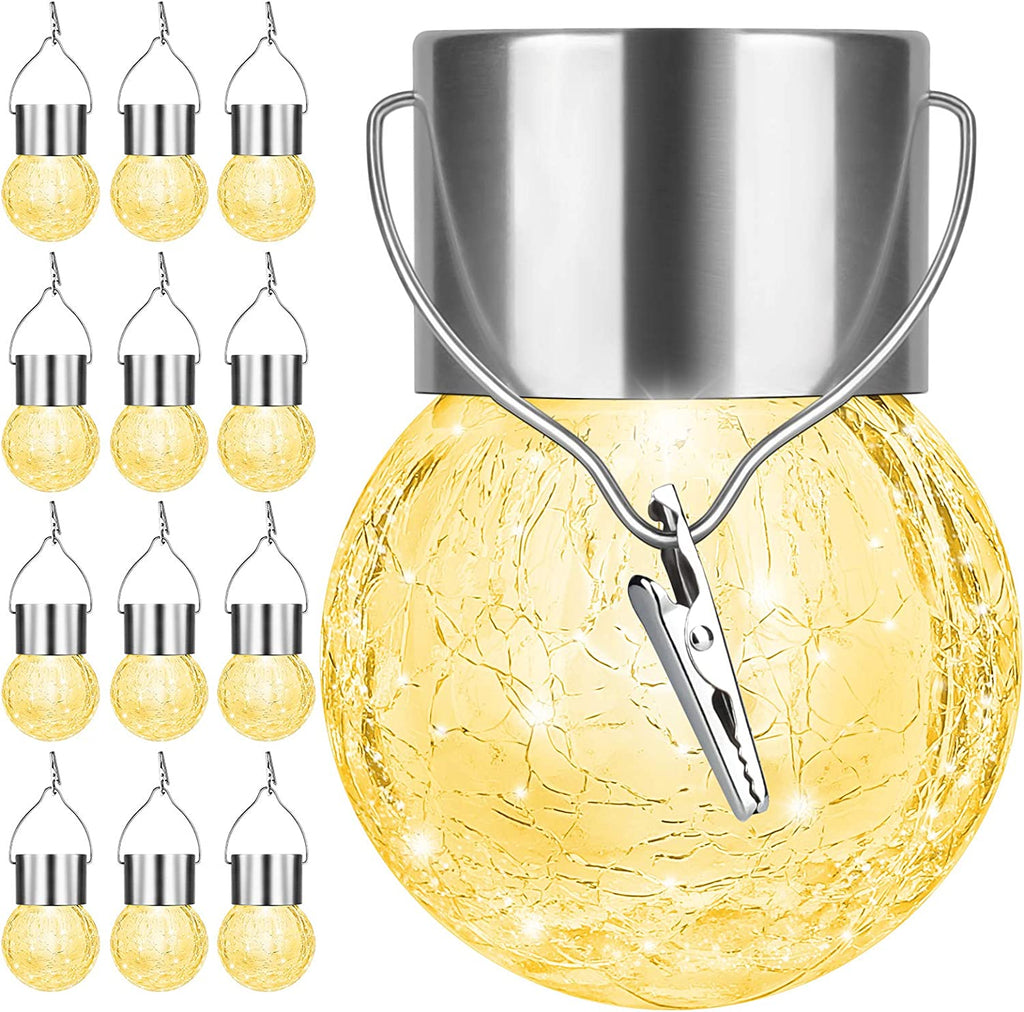 12Pack Hanging Cracked Glass Solar Lights Outdoor Waterproof, Warm White | LED Ball Lights, Tree Solar Powered Globe Lights with Handle for Garden Yard Patio Fence Christmas Decoration