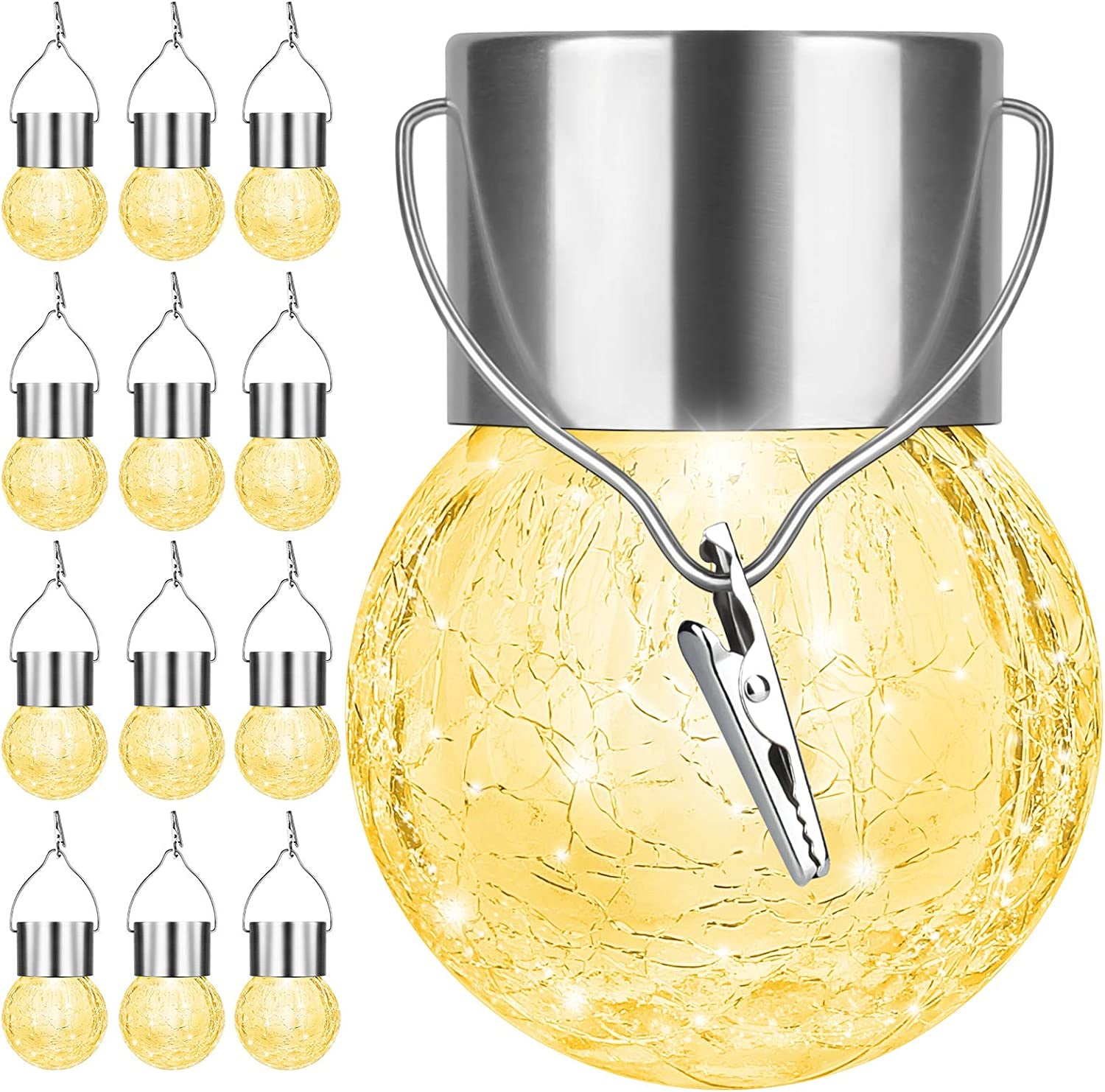 12Pack Hanging Cracked Glass Solar Lights Outdoor Waterproof, Warm White | LED Ball Lights, Tree Solar Powered Globe Lights with Handle for Garden Yard Patio Fence Christmas Decoration