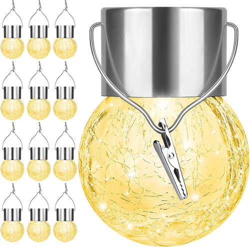 12Pack Hanging Cracked Glass Solar Lights Outdoor Waterproof, Warm White | LED Ball Lights, Tree Solar Powered Globe Lights with Handle for Garden Yard Patio Fence Christmas Decoration