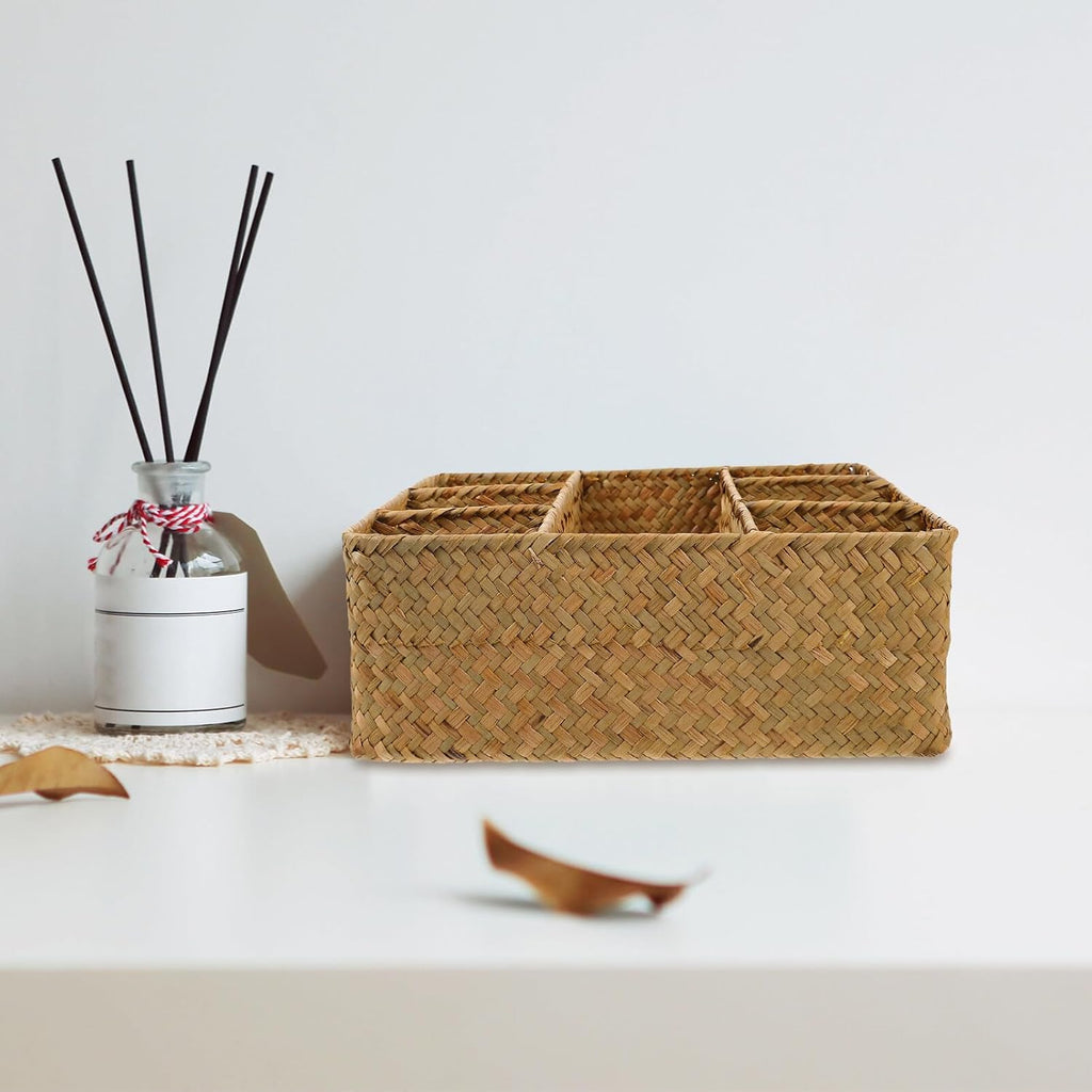 Woven Storage Box with Dividers 10.82 X 10.70 X 3.93 in Organizer Storage Box for Kitchen Utensils Desktop Sundries Home Basket for Countertop Cabinet Drawer