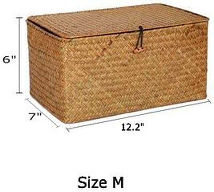 Woven Wicker Storage Bins with Lid, Seagrass Basket for Shelf Organizer, Extra Large, Set of 3