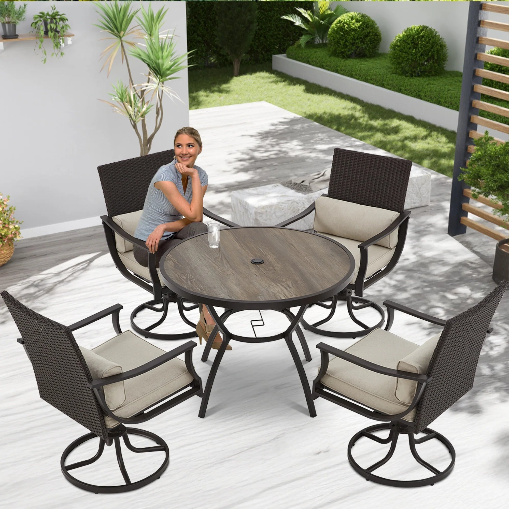 Outdoor Patio Dining Set with Swivel Chairs, Dining Table with Umbrella Hole, Metal Patio Furniture for Backyard Deck Patio