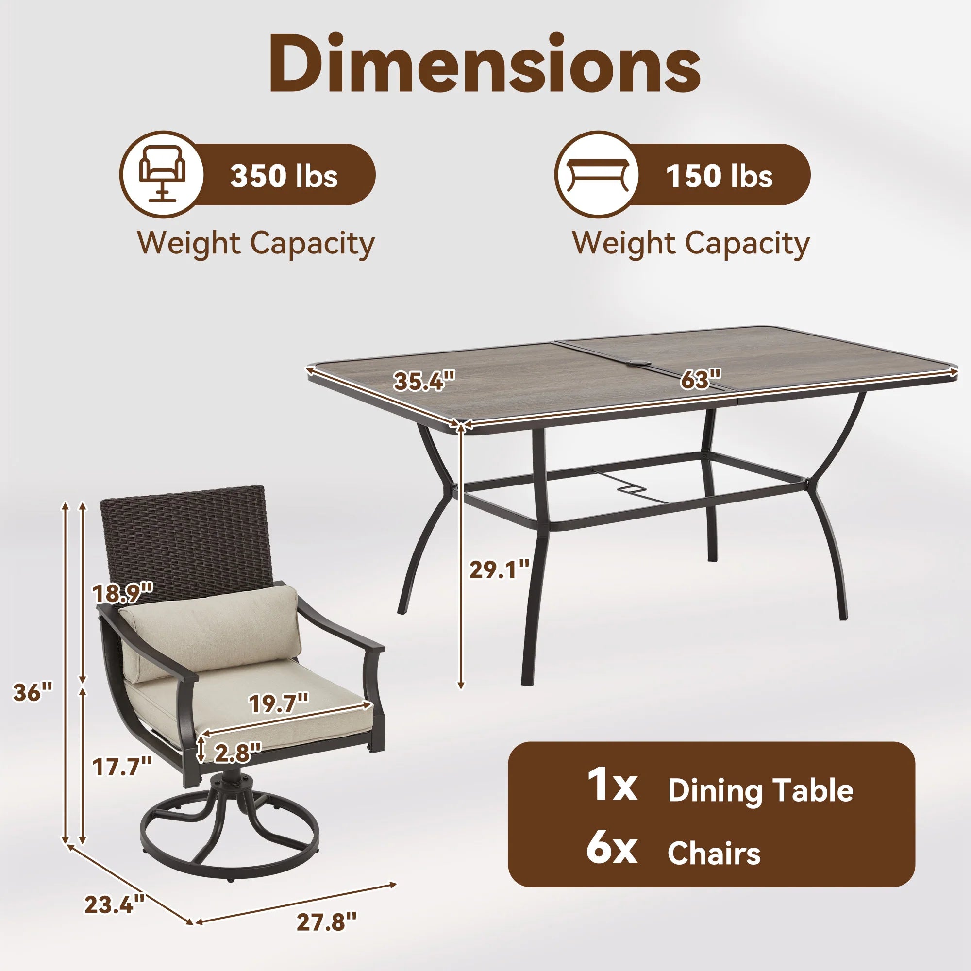 Outdoor Patio Dining Set with Swivel Chairs, Dining Table with Umbrella Hole, Metal Patio Furniture for Backyard Deck Patio