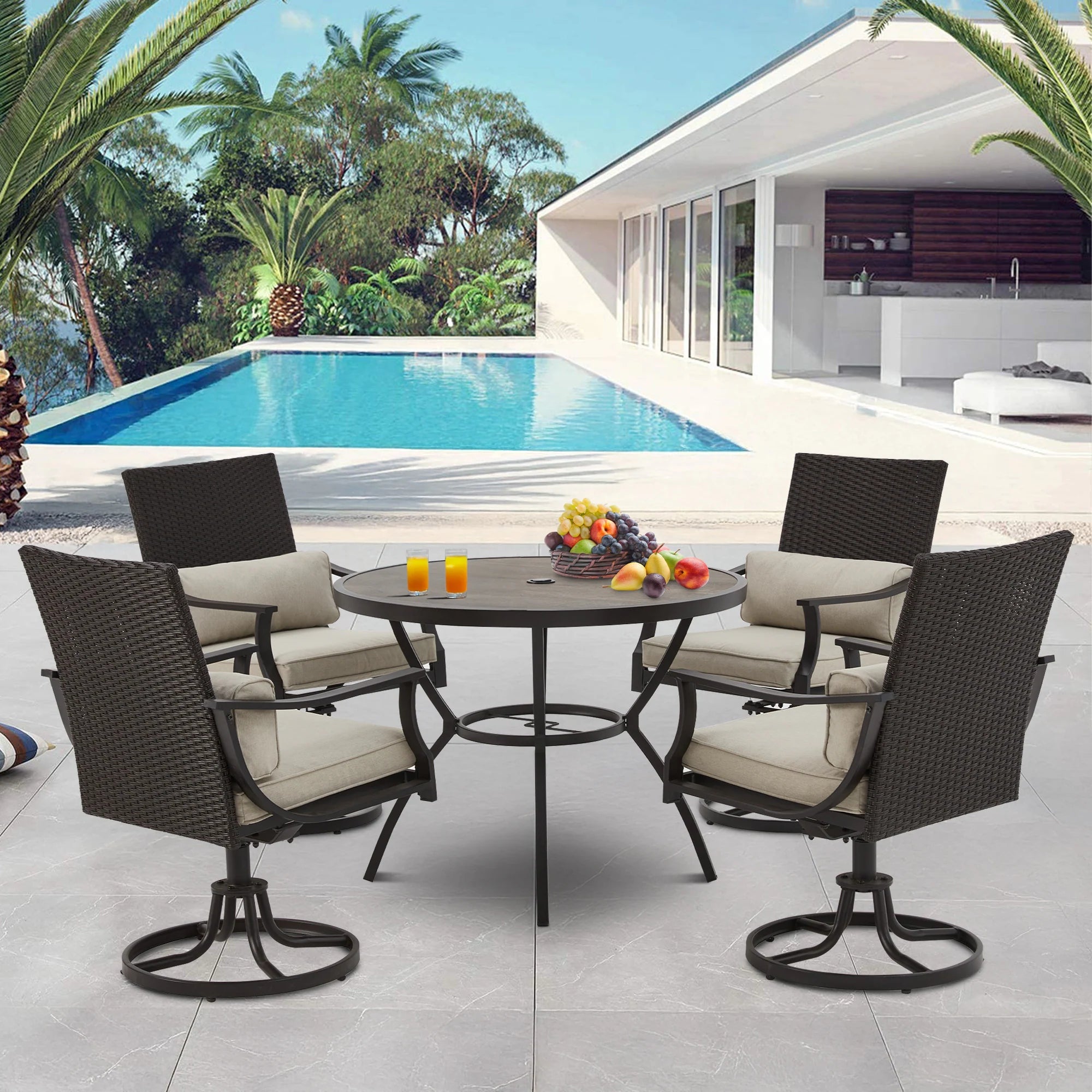 Outdoor Patio Dining Set with Swivel Chairs, Dining Table with Umbrella Hole, Metal Patio Furniture for Backyard Deck Patio