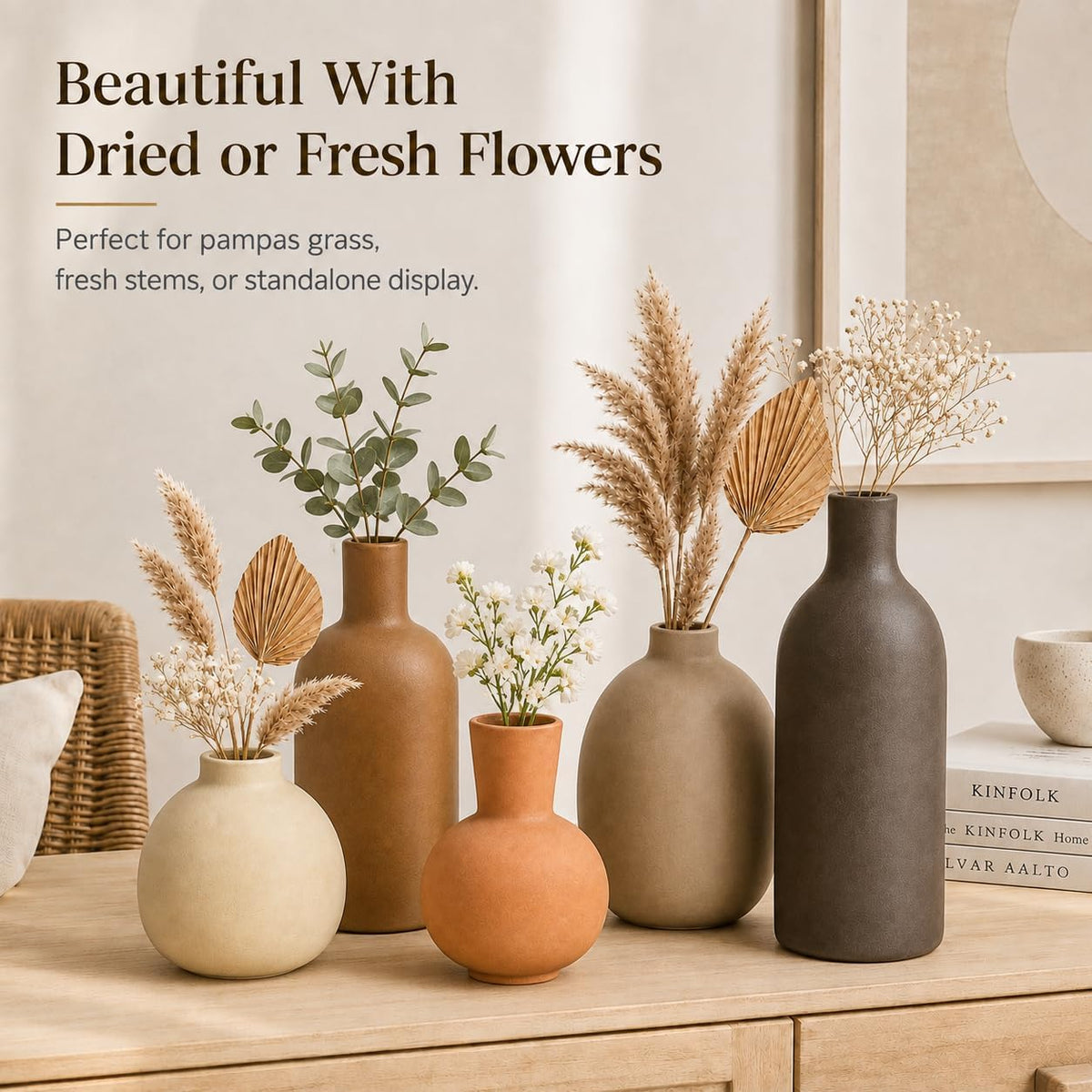 Neutral Ceramic Vase Set – 5 Matte Earth-Tone Vases for Japandi, Scandinavian, or Minimalist Home Decor, Table, Entryway, Shelf & Mantel Styling