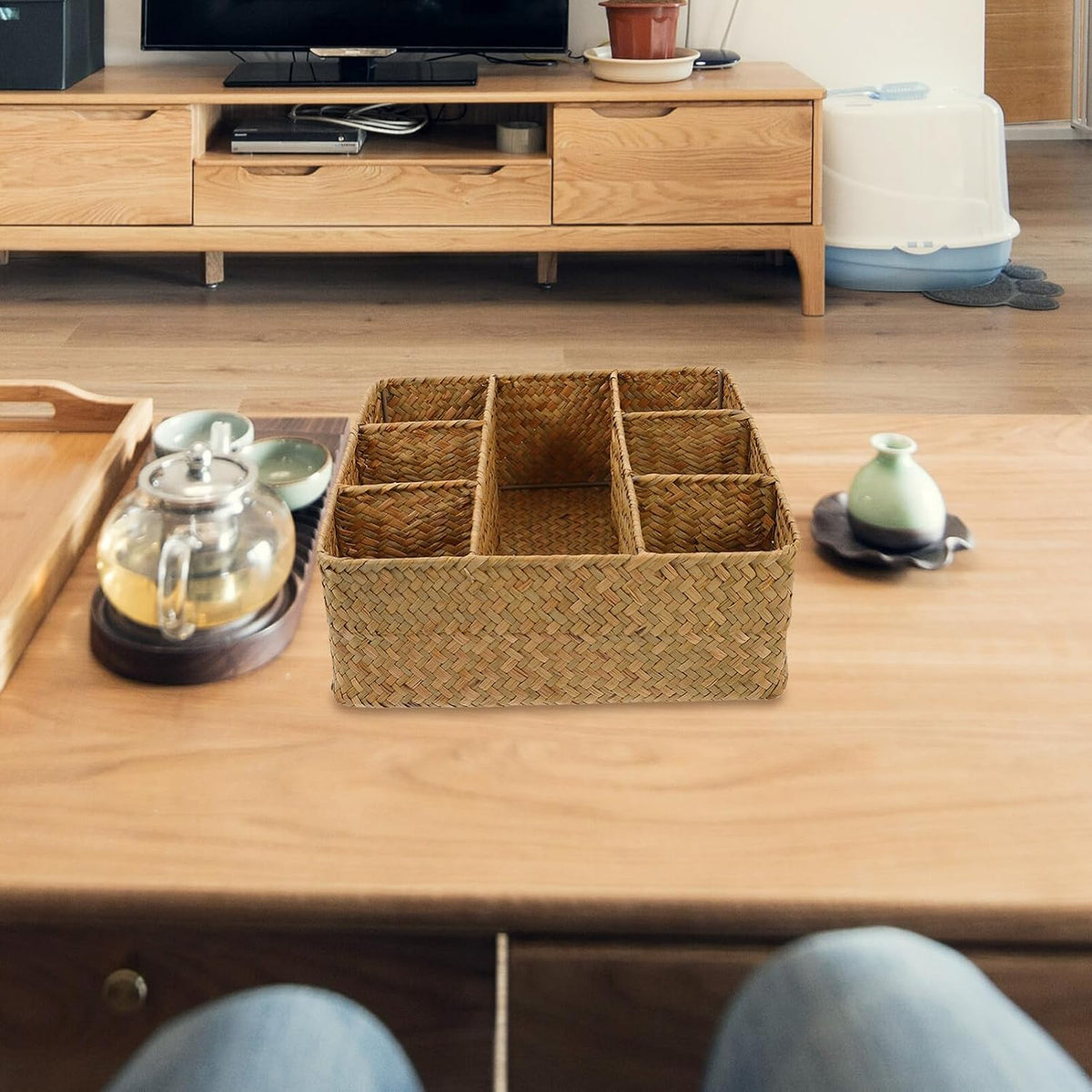 Woven Storage Box with Dividers 10.82 X 10.70 X 3.93 in Organizer Storage Box for Kitchen Utensils Desktop Sundries Home Basket for Countertop Cabinet Drawer