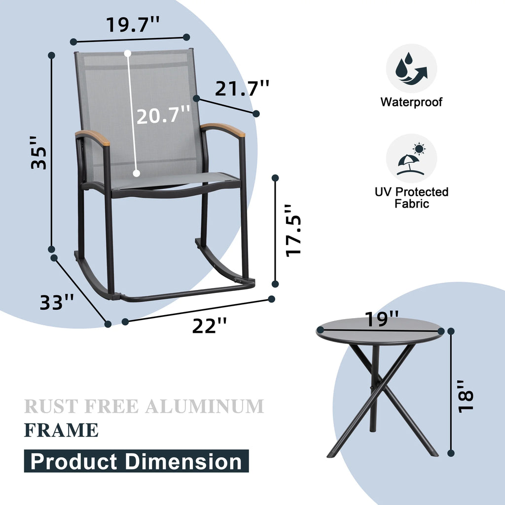 Outdoor Rocking Bistro Set 3 Piece Metal Patio Porch Furniture with 2 Patio Rocking Chairs 1 Patio Table,Light Gray