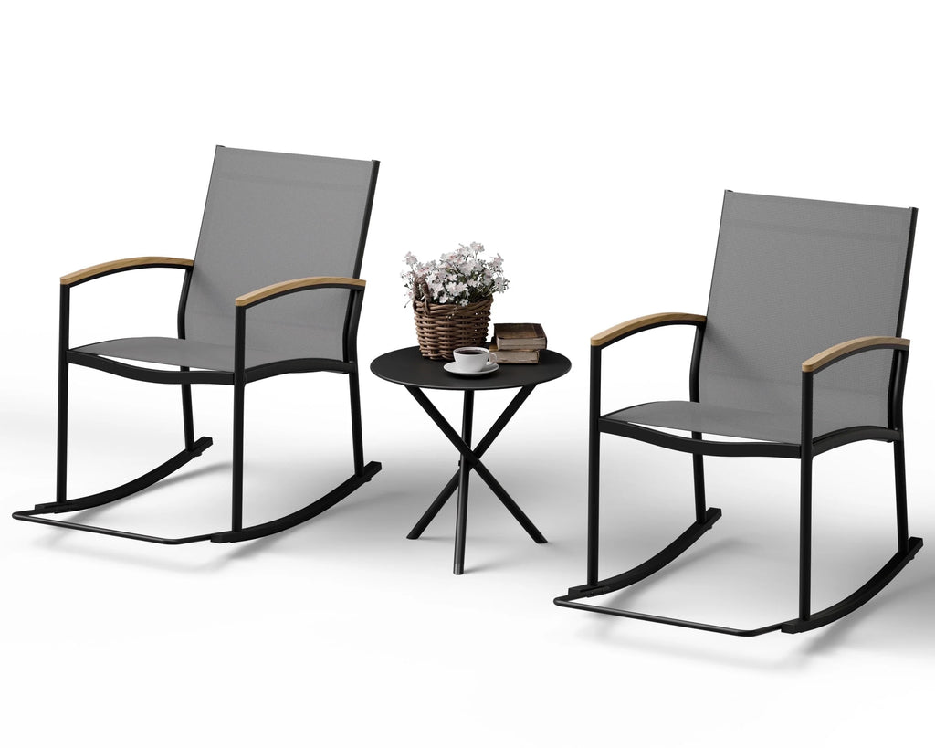 Outdoor Rocking Bistro Set 3 Piece Metal Patio Porch Furniture with 2 Patio Rocking Chairs 1 Patio Table,Light Gray