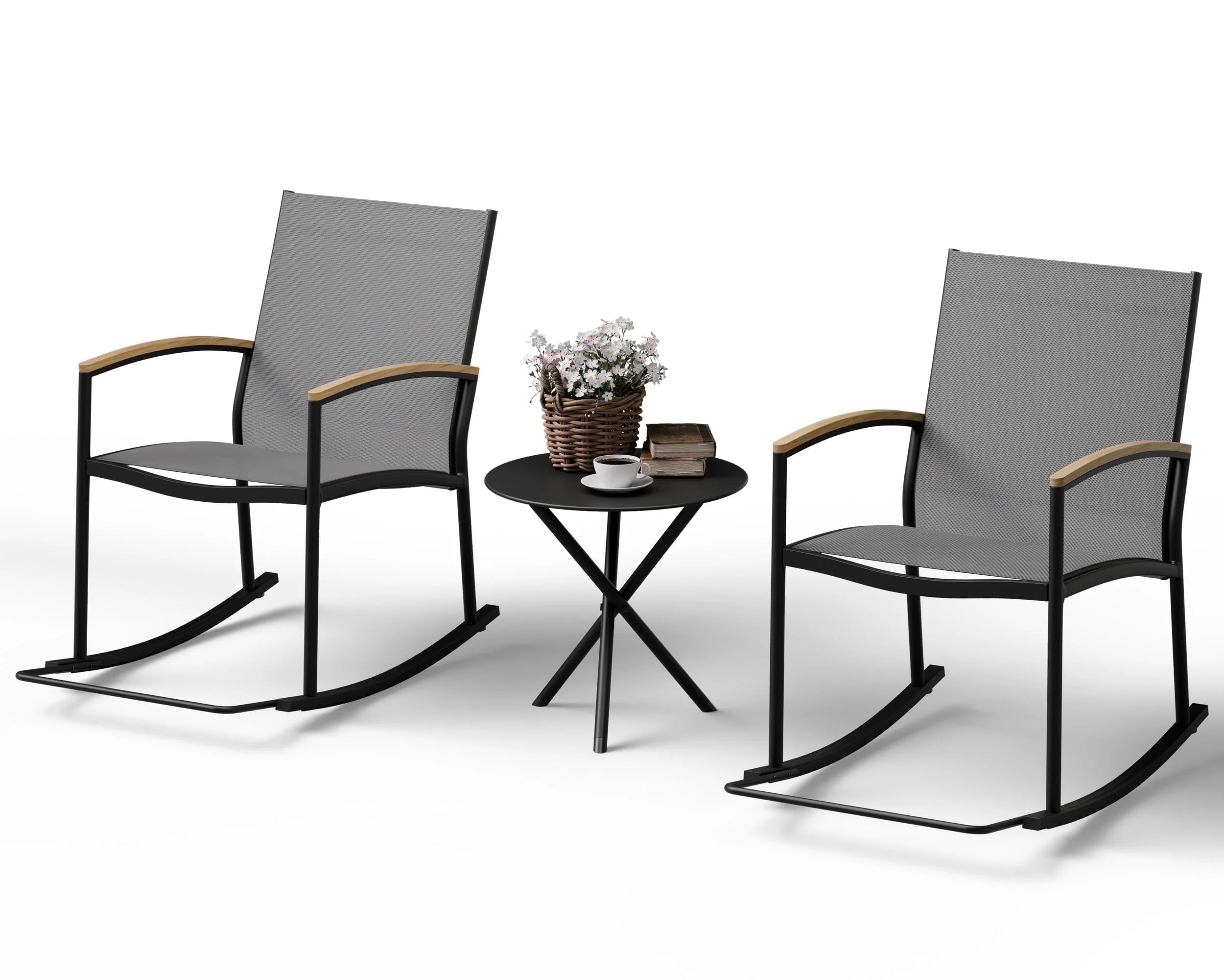 Outdoor Rocking Bistro Set 3 Piece Metal Patio Porch Furniture with 2 Patio Rocking Chairs 1 Patio Table,Light Gray