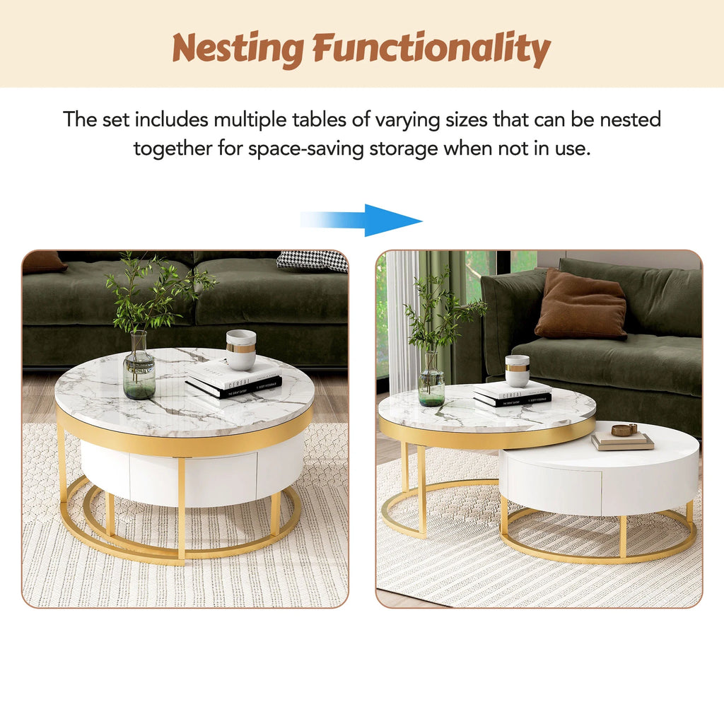 White & Gold Nesting Coffee Tables with Drawers, Set of 2