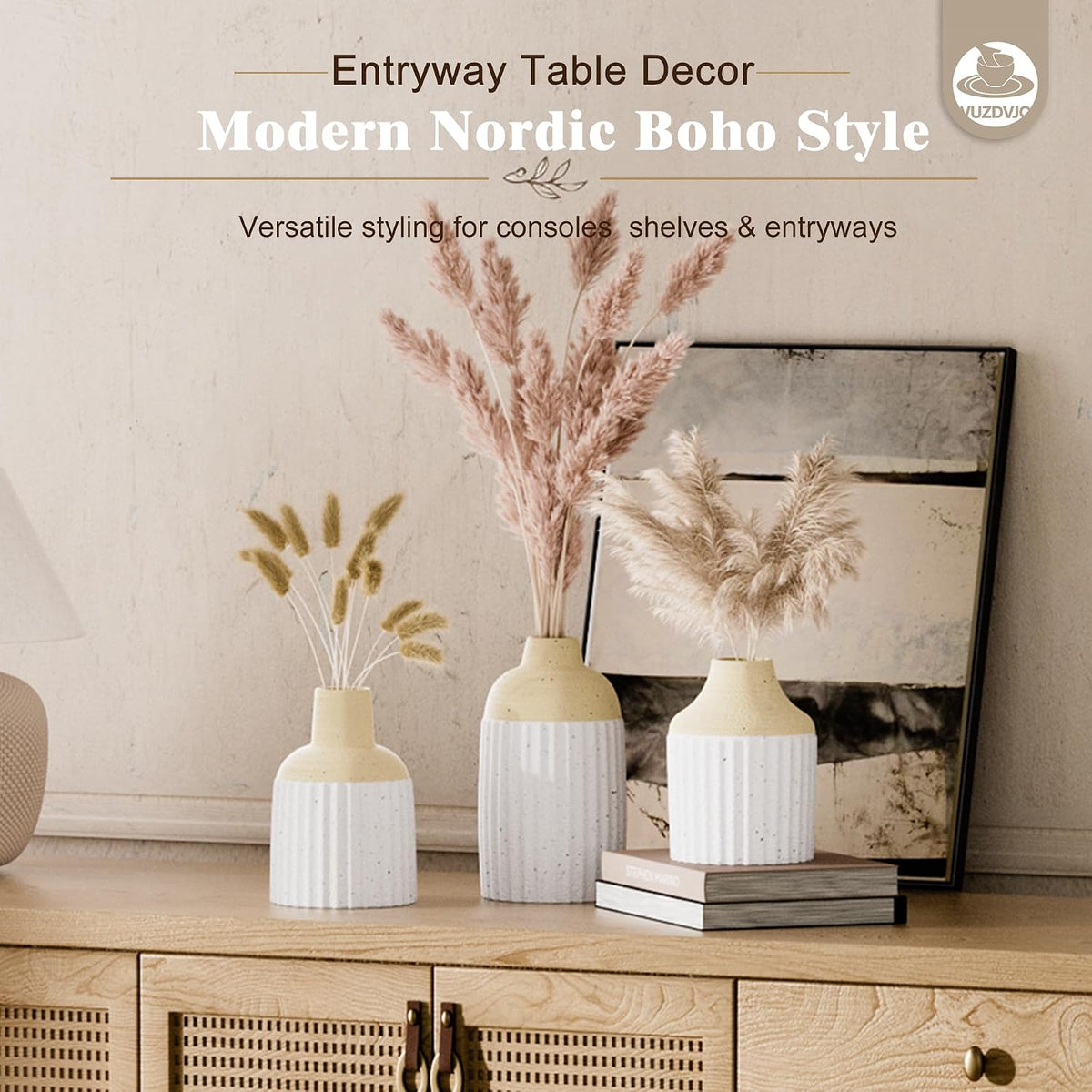 Beige Decorative Vase Set of 3 - Modern Boho Style Ribbed Ceramic Bud Vases for Flowers, Mini Small Vases for Shelf, Shelves, Bookshelf, Entryway Table & Home Decor Aesthetic (Beige White)