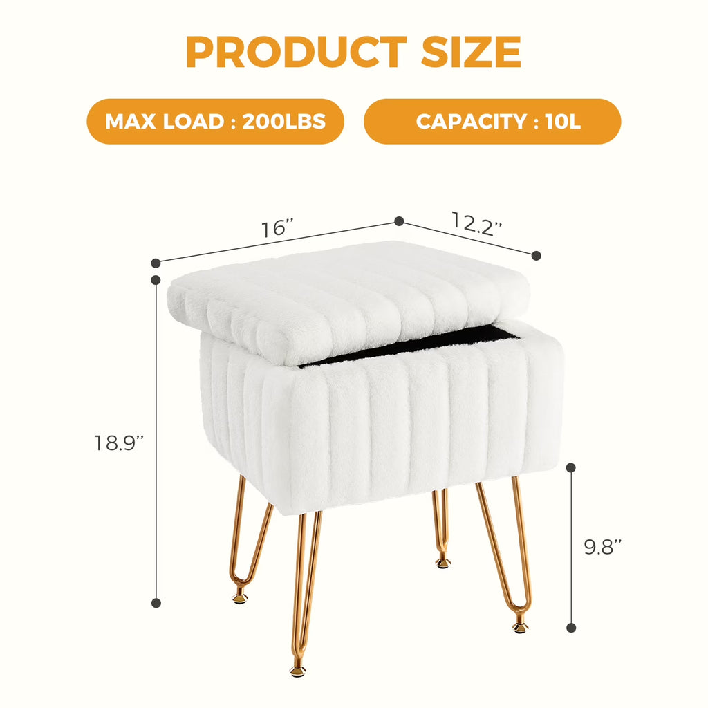 Faux Fur Vanity Stool with Storage and Adjustable Feet