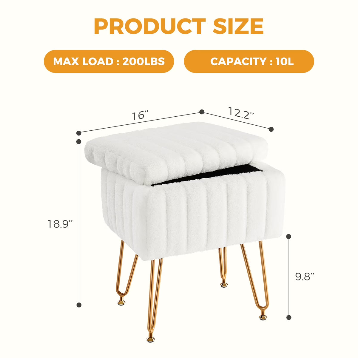 Faux Fur Vanity Stool with Storage and Adjustable Feet