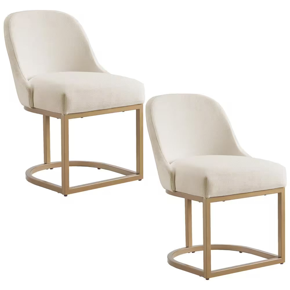 Set of 2 White Linen Barrel Dining Chairs with Gold Base