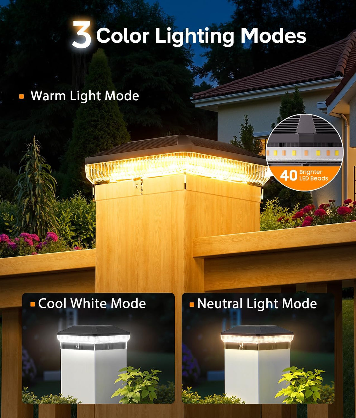 6-Pack Solar Fence Post Cap Lights, 3 Lighting Modes