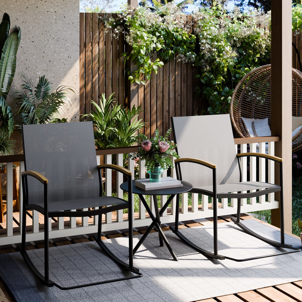 Outdoor Rocking Bistro Set 3 Piece Metal Patio Porch Furniture with 2 Patio Rocking Chairs 1 Patio Table,Light Gray