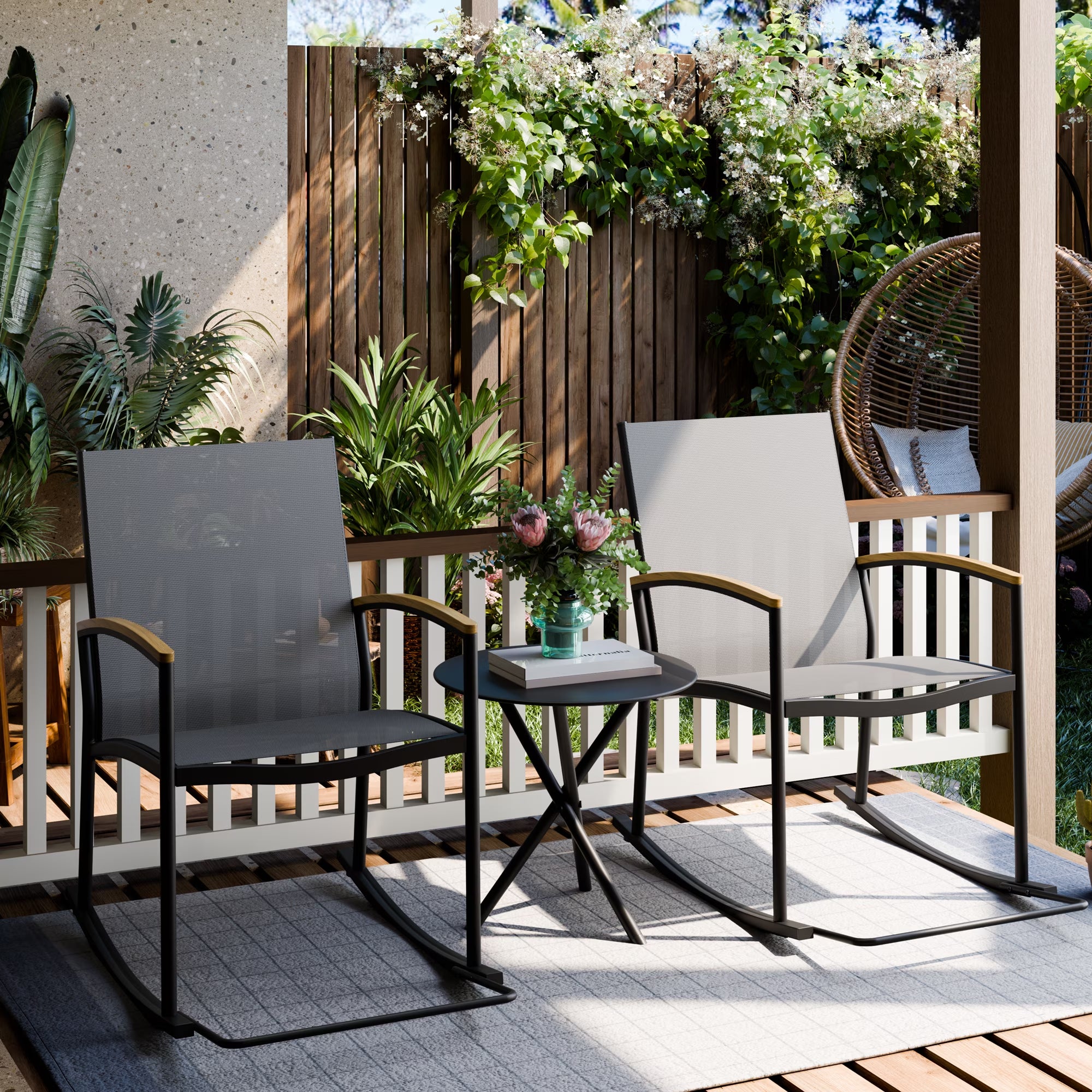 Outdoor Rocking Bistro Set 3 Piece Metal Patio Porch Furniture with 2 Patio Rocking Chairs 1 Patio Table,Light Gray