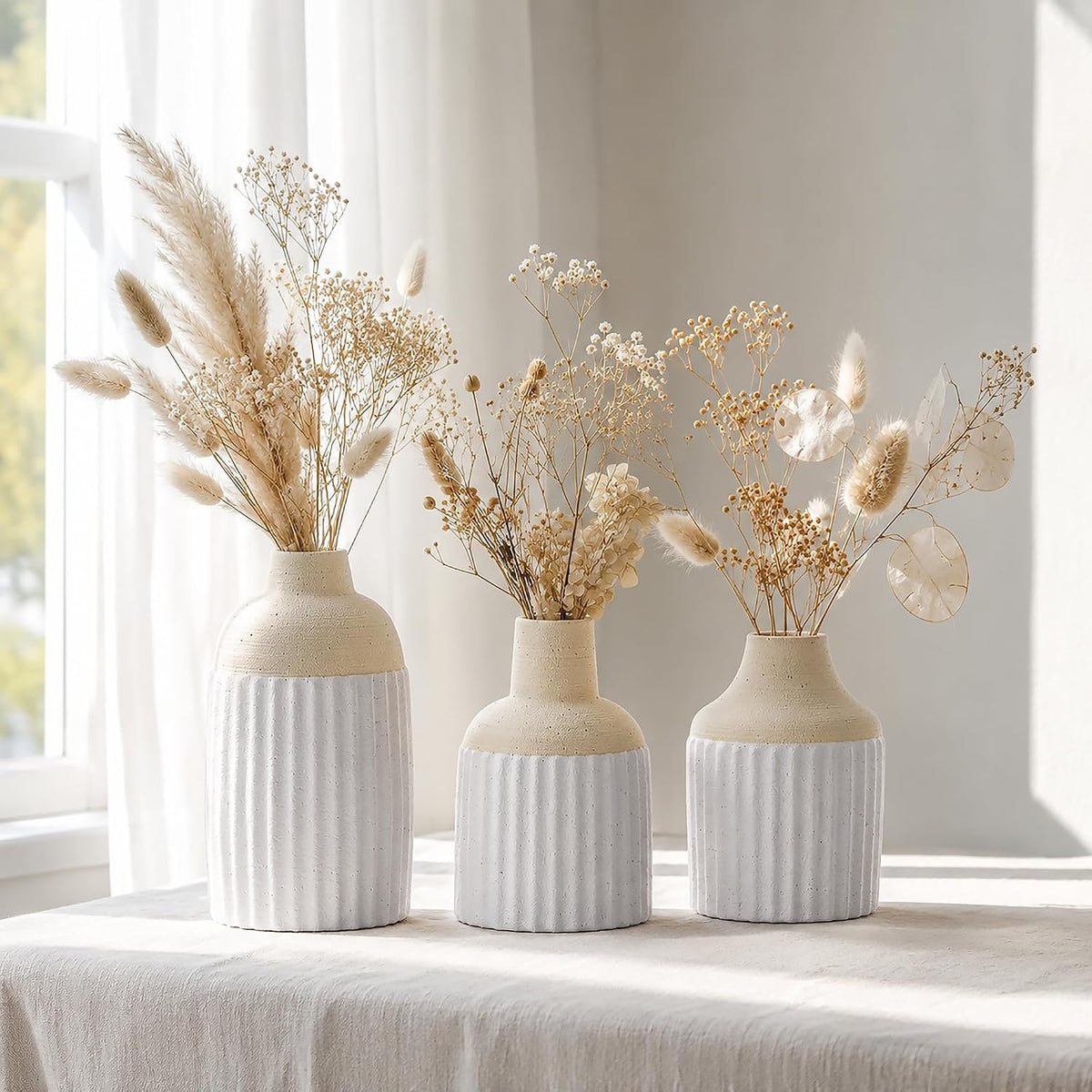 Beige Decorative Vase Set of 3 - Modern Boho Style Ribbed Ceramic Bud Vases for Flowers, Mini Small Vases for Shelf, Shelves, Bookshelf, Entryway Table & Home Decor Aesthetic (Beige White)