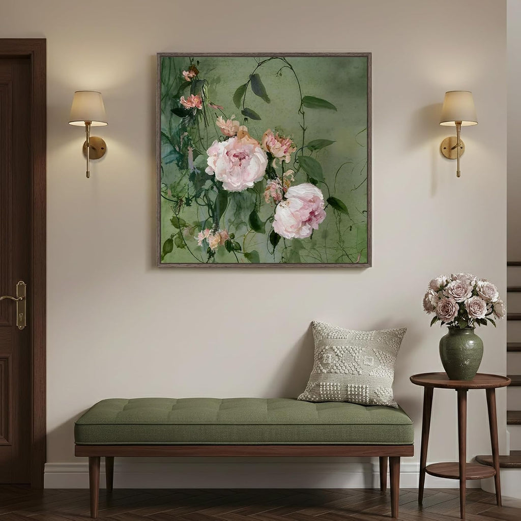 Framed Vintage Pink and Green Chinoiserie Peony Floral Wall Art, 24X24 In